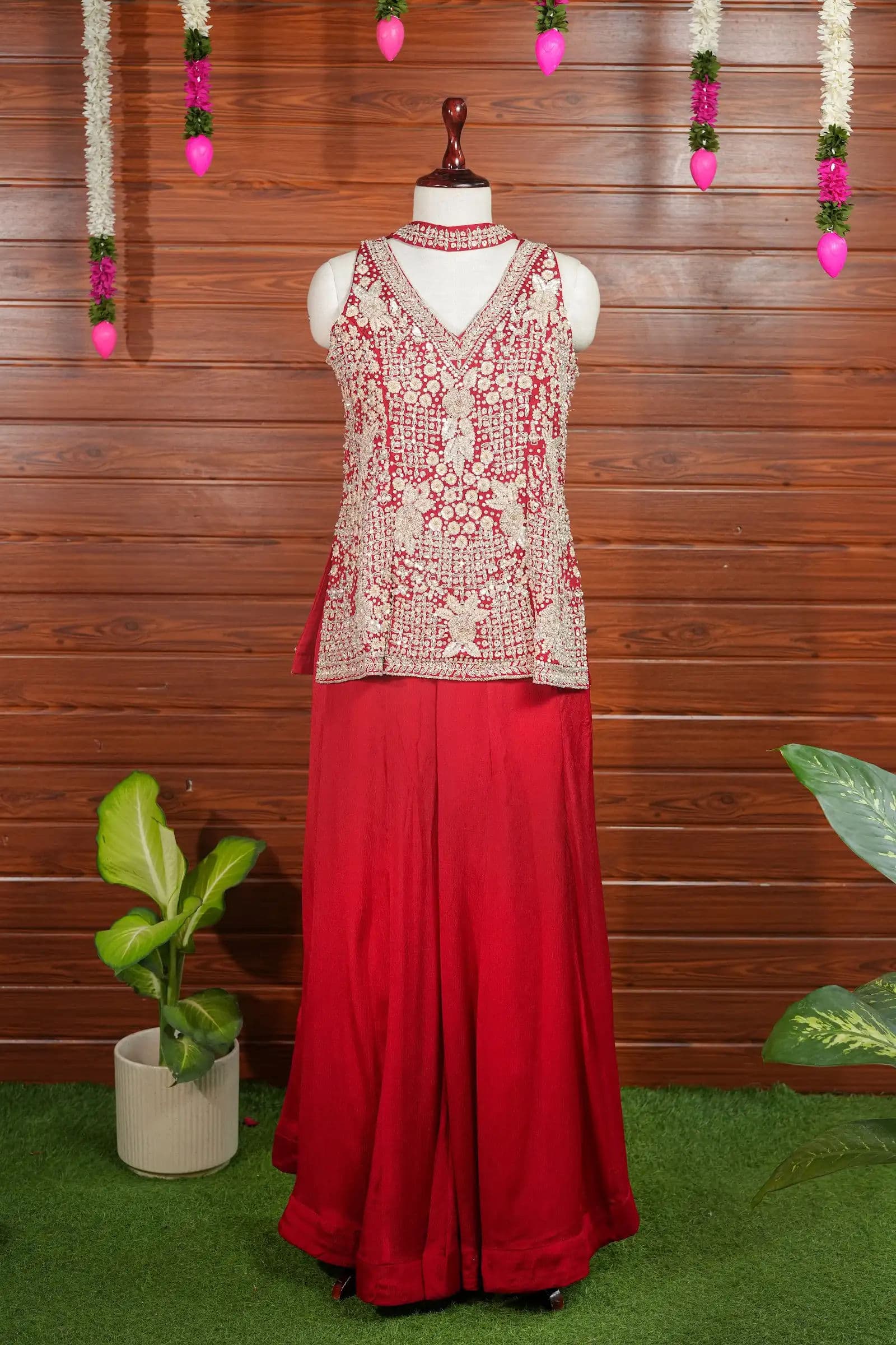 Crimson Sharara Set with Embroidered Peplum