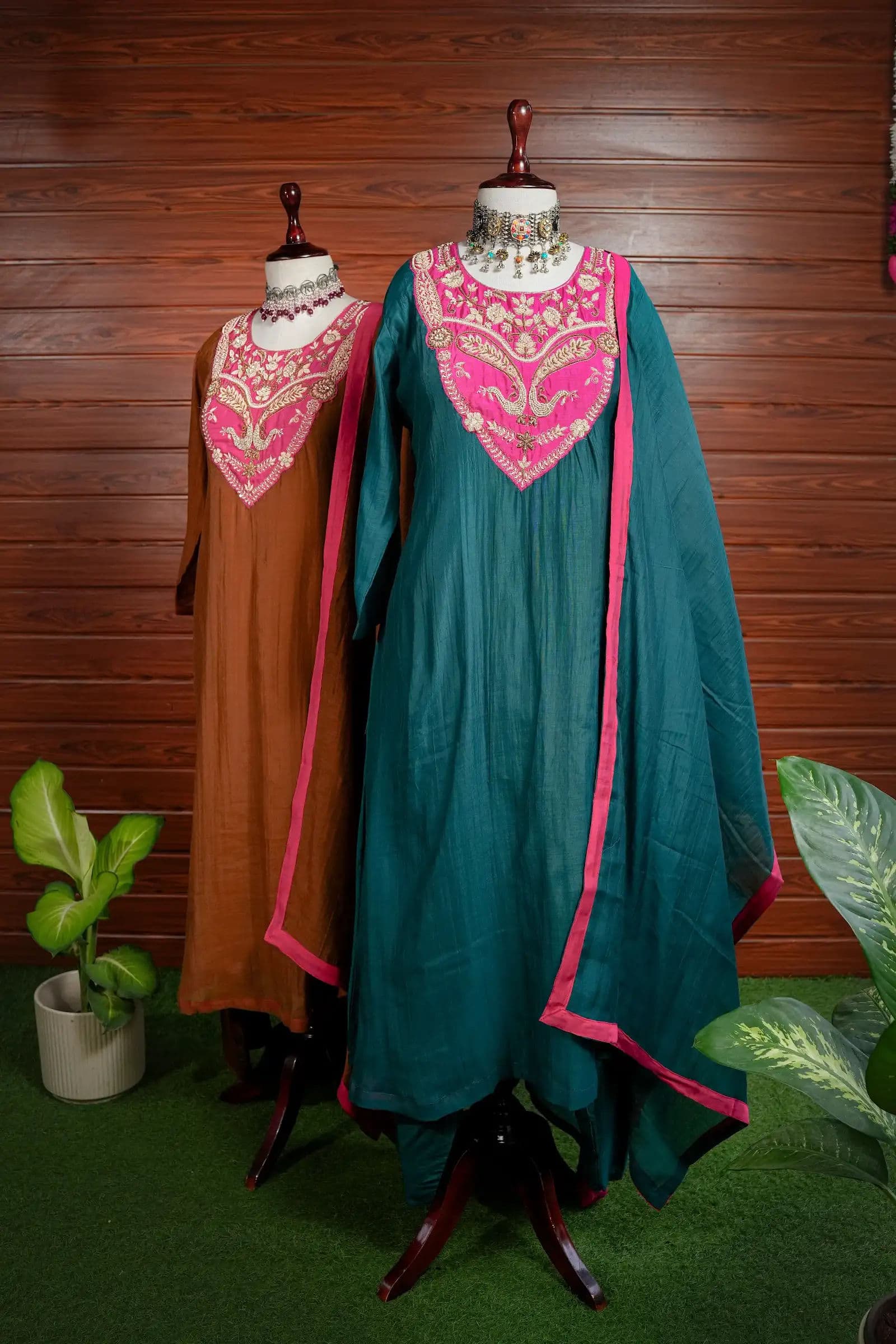 Teal Anarkali with Contrast Yoke