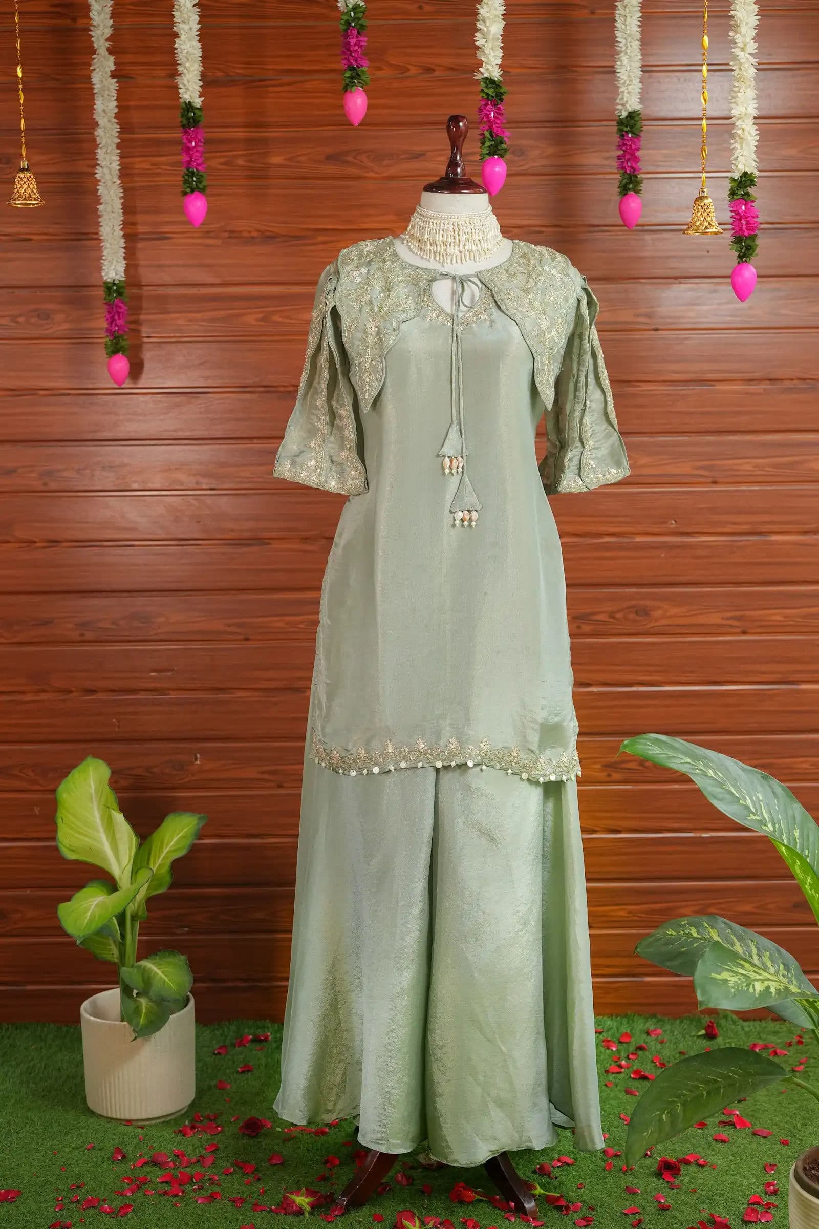 Sage Organza Cape-Sleeve Coord Set