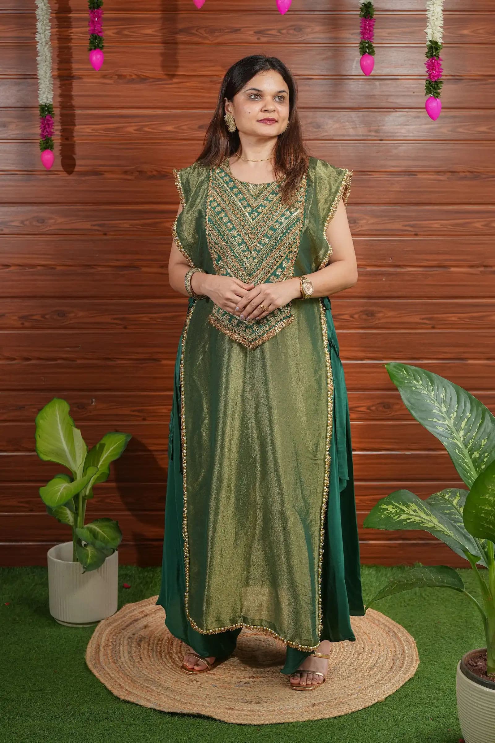 Green Tissue Kurta with Embroidered Cape