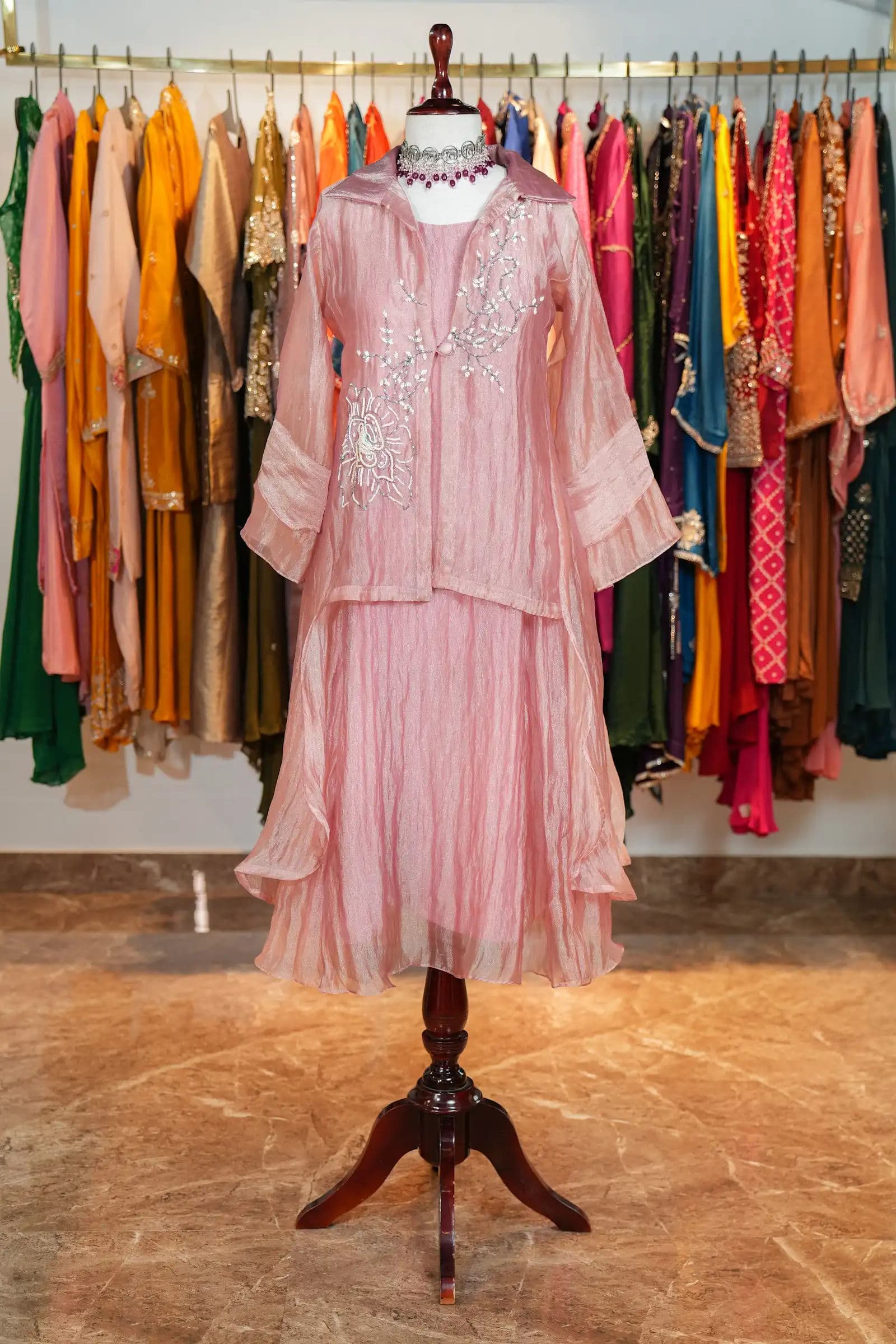 Pink Organza Layered Jacket Set