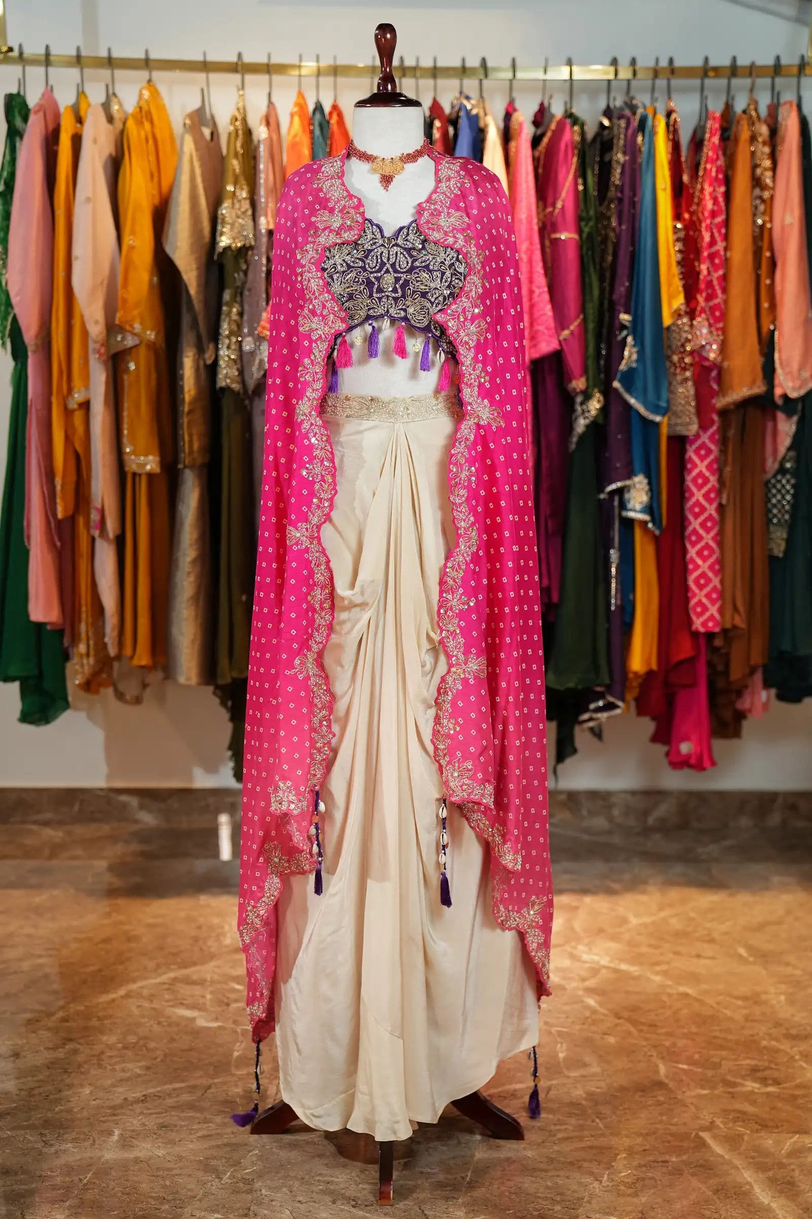 Ivory Drape Set with Pink Bandhani Cape