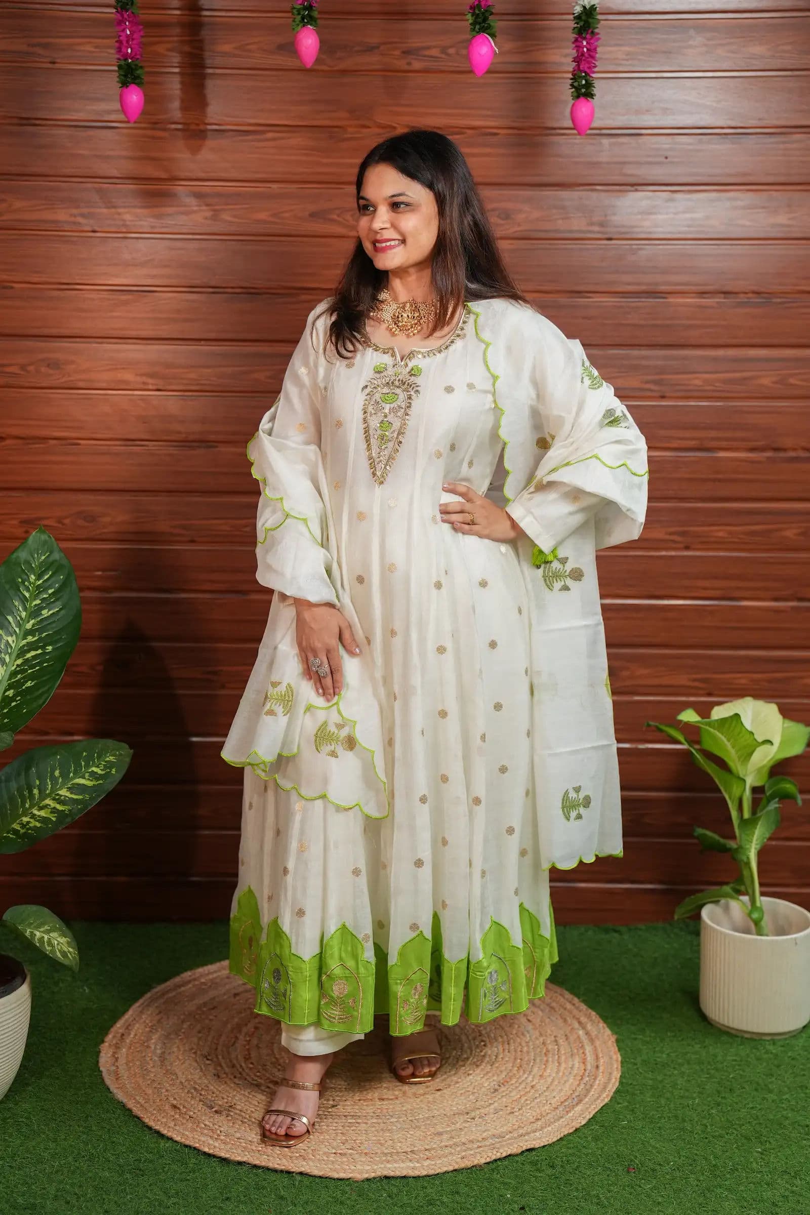 Ivory Chanderi Anarkali with Green Applique
