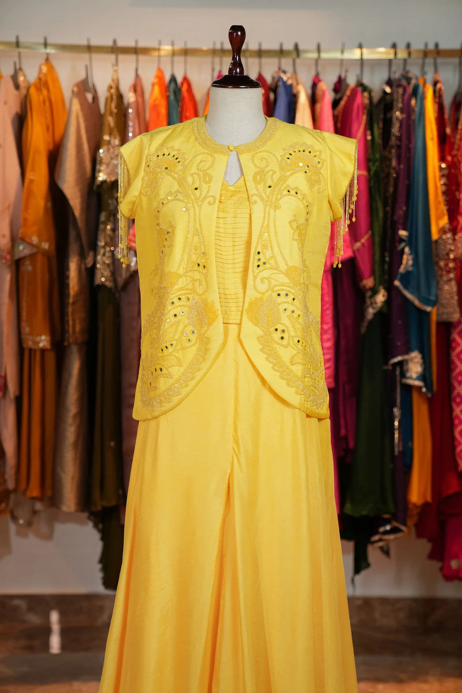Yellow Cutwork Jacket Gown Set
