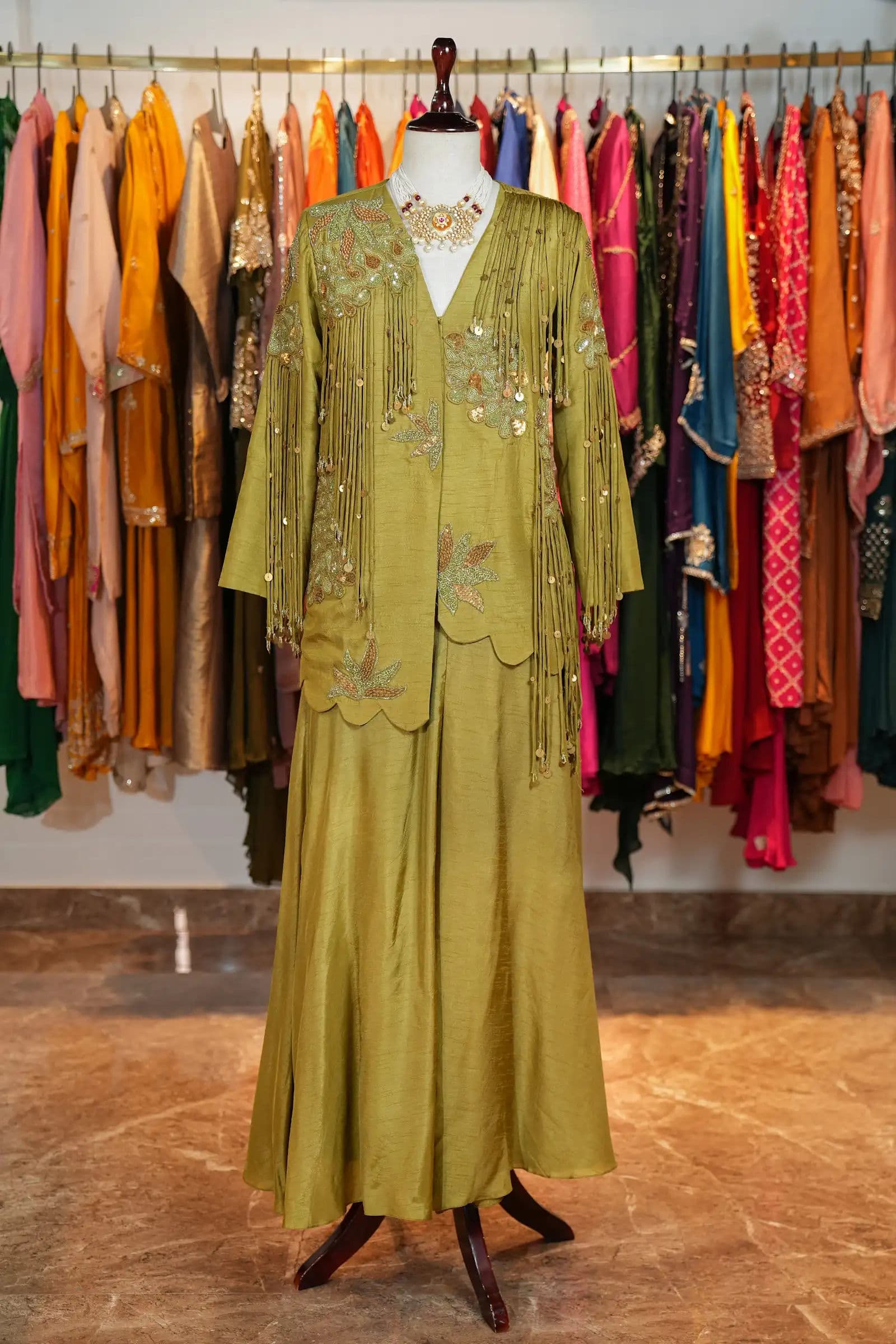 Olive Embroidered Jacket Set