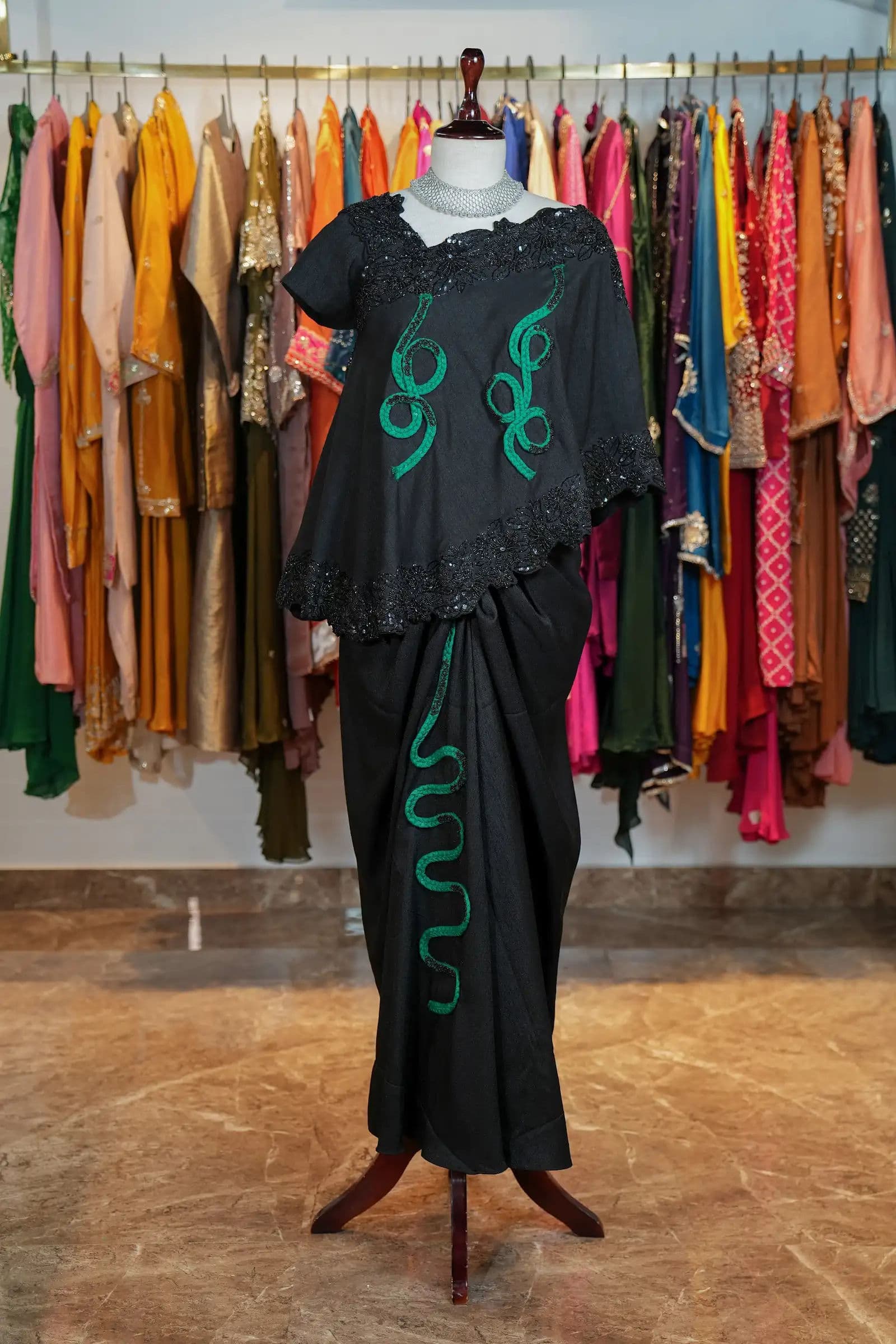 Black Cape Top with Draped Skirt