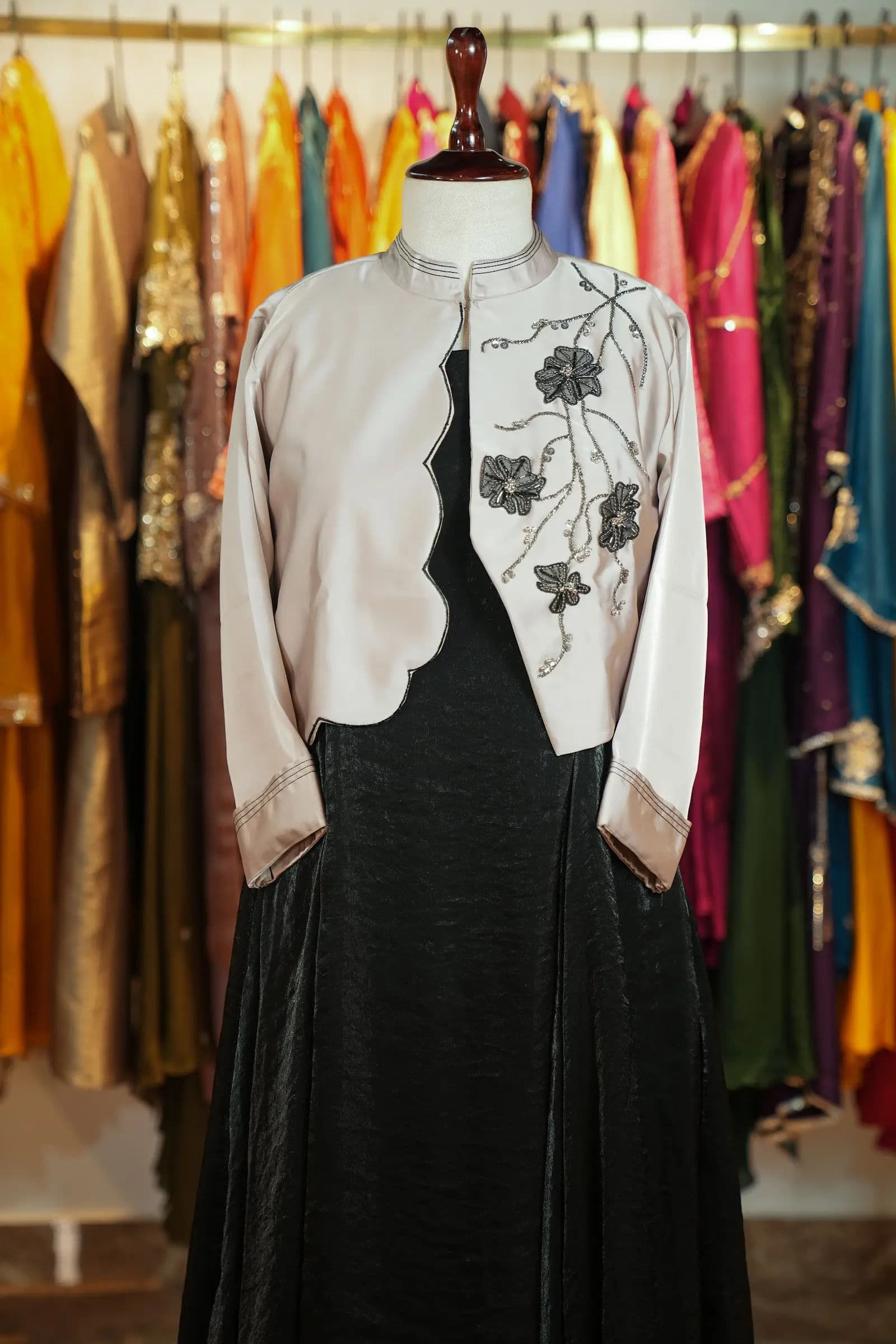 Black Slip Dress with Embroidered Jacket