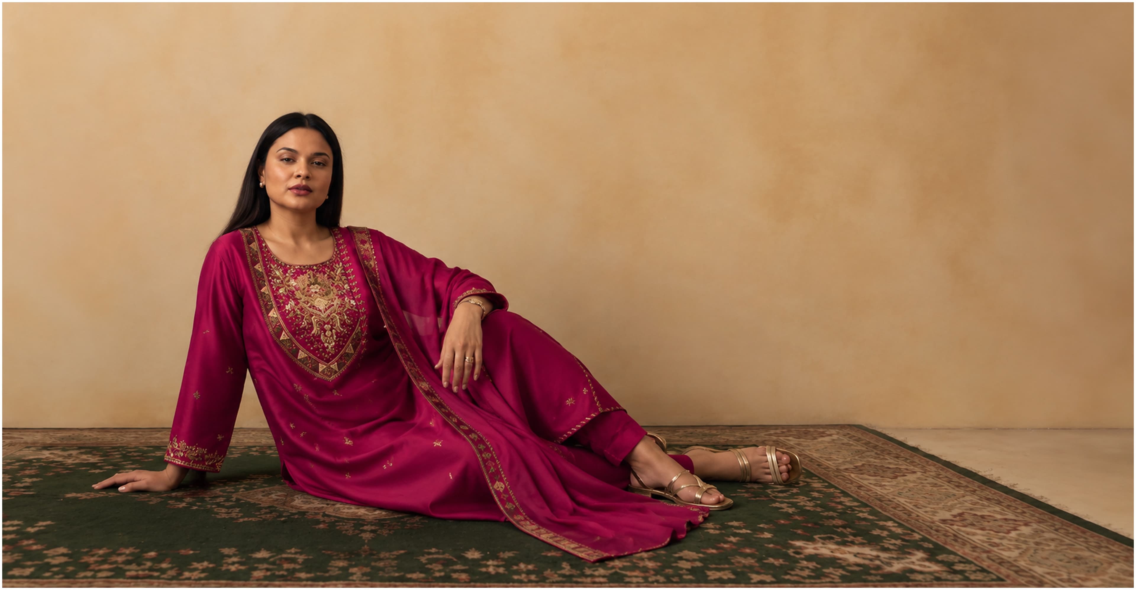 SIRI by Sapna Agarwal — a model in an embroidered magenta suit set from the collection